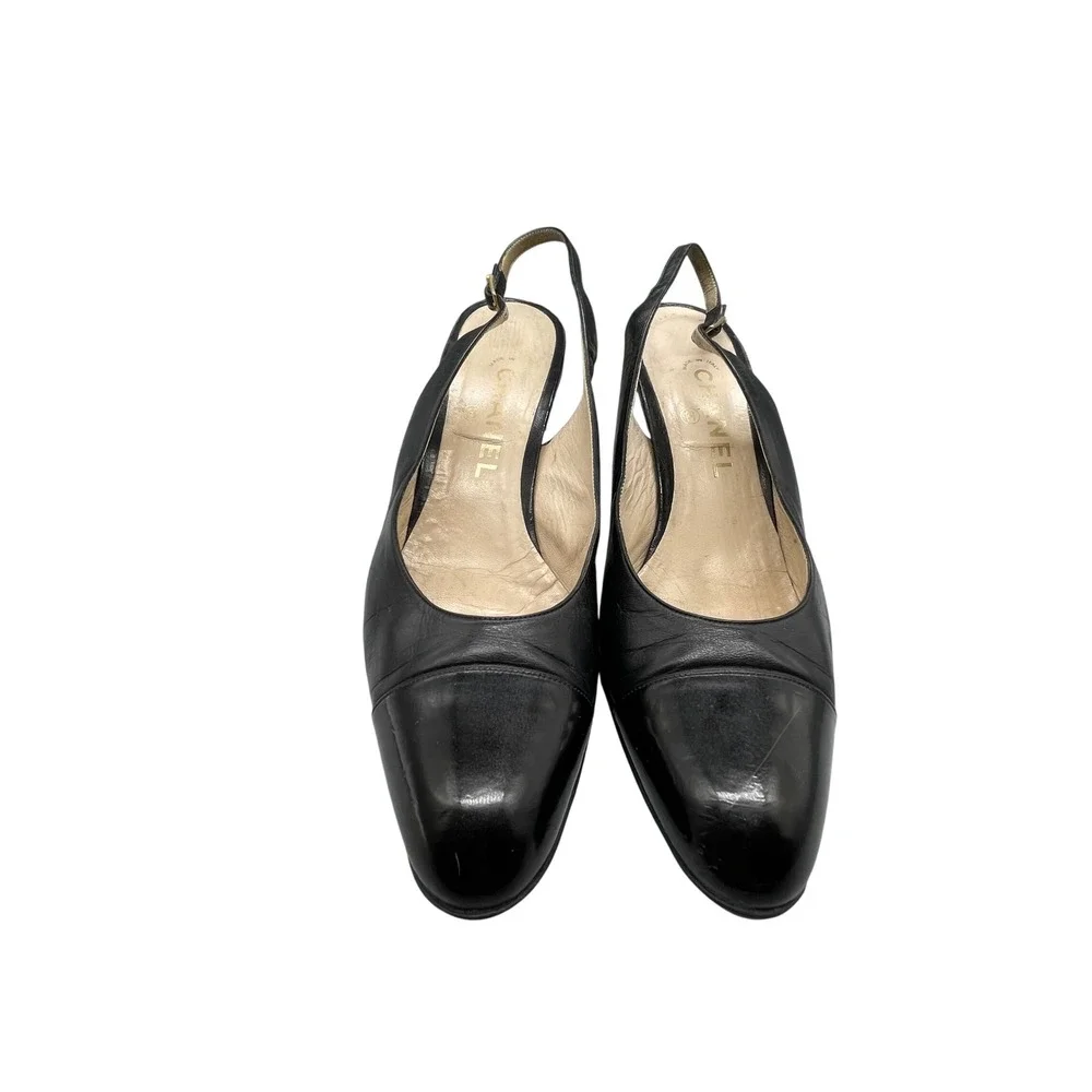 Vintage Chanel Black Leather Patent Cap Toe Slingback Pumps Heels Italy Sz 40/10